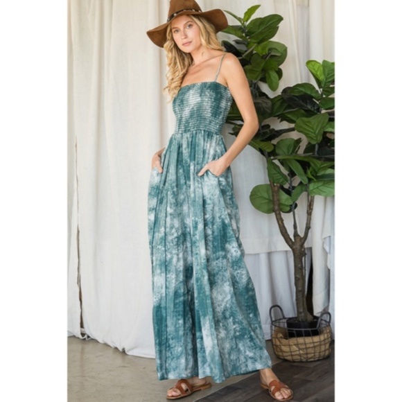 Green Tie Dye Wide Palazzo Flare Leg Smocked Bohemian Casual Jumpsuit w/ Pockets - Picture 11 of 13